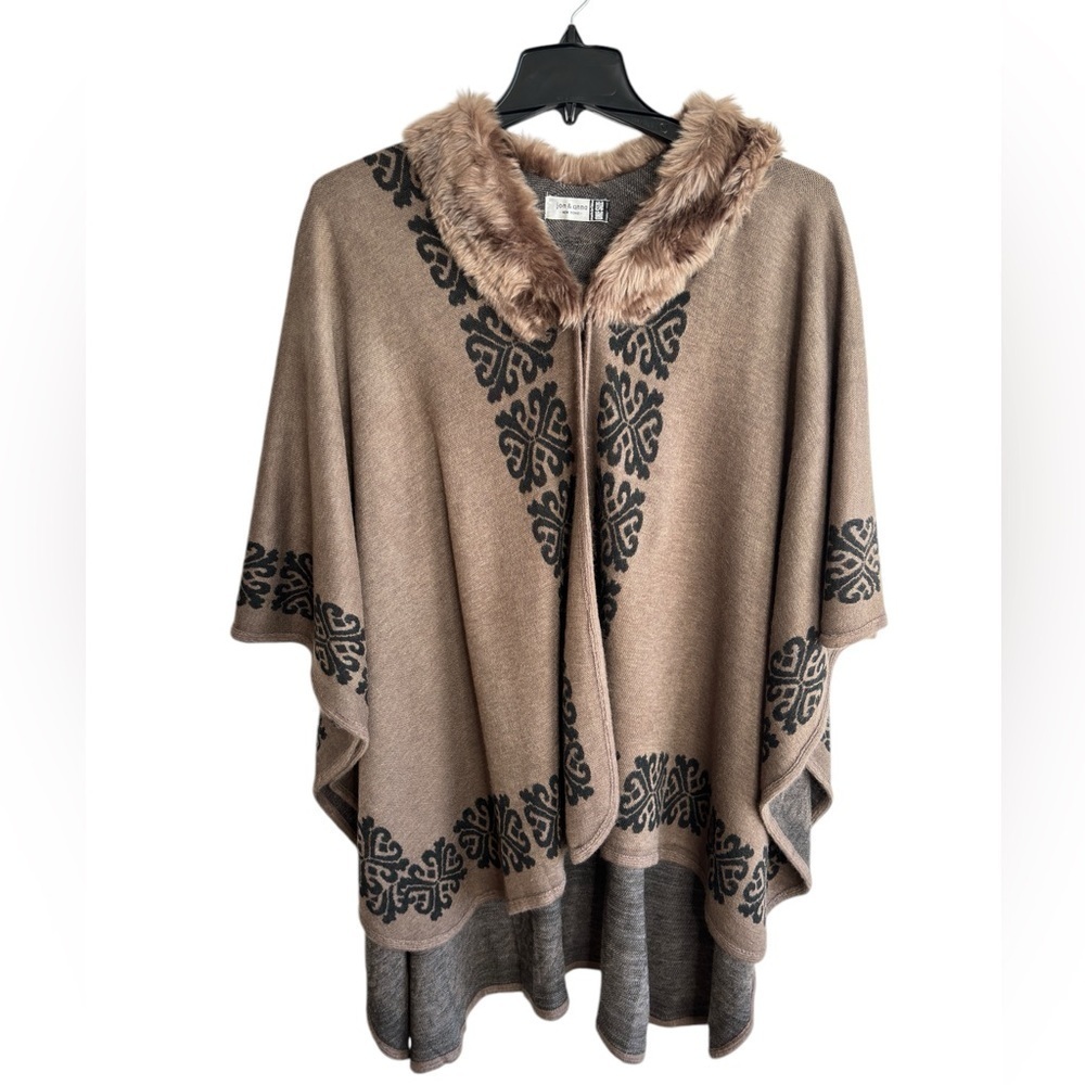 Poncho Cape Shaw Coat Ornate Women's Faux Fur Trim Brown Black One Size Classic - Picture 1 of 12